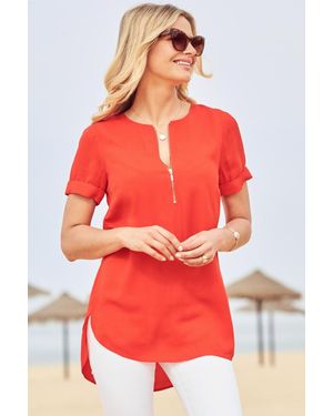 Sosandar Zip Front Short Sleeve Tunic Top Viscose - Red