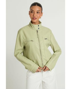 Boohoo Faux Leather Button Up Collar Zip Pocket Jacket - Green