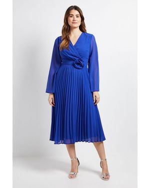 Wallis Cape Sleeve Pleated Corsage Midi Dress - Blue