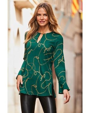 Sosandar Chain Print Keyhole Detail Top - Green