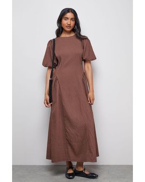 Warehouse Seersucker Organza Godet Side Puff Sleeve Midi Dress - Brown
