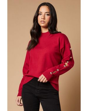 Oasis Button Down Sleeve High Neck Jumper - Red