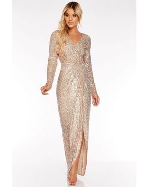 Quiz Rose Gold Sequin Long Sleeve Wrap Maxi Dress - White