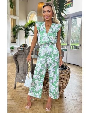 AX Paris Printed Wrap Front Frill Sleeve Belted Jumpsuit - Green