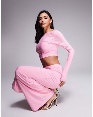 Kaiia Exclusive Double Layered Slinky Long Sleeve Low Back Top Co-Ord - Pink