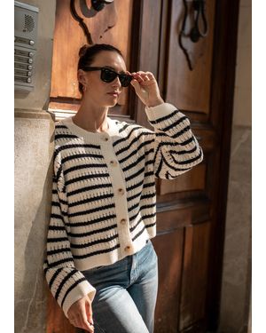 Gini London Stripe Cable Knit Crop Cardigan - Brown