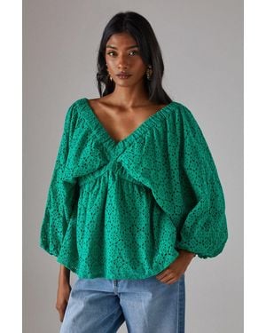 Warehouse Blouson Broderie Top With Grown On Sleeve - Green
