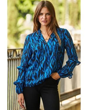 Sosandar Animal Print Ruffle Sleeve Top - Blue