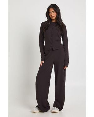 Boohoo Tall Rib Button Through Long Sleeve Top And Wide Leg Trouser Co-Ord - Blue