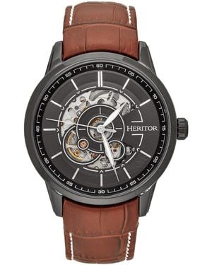 Heritor Davies Semi-Skeleton Leather-Band Watch - Black