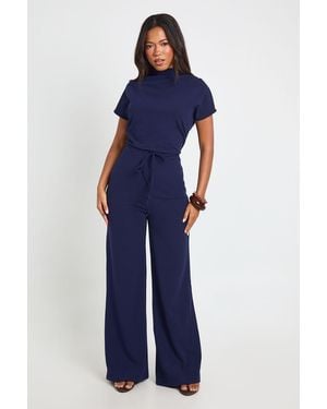 Boohoo Crepe Grown On Neck Drawstring Waistband Wide Leg Jumpsuit - Blue