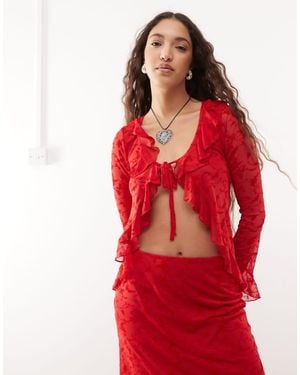 Reclaimed Vintage Flocked Mesh Tie Front Top Co-Ord - Red