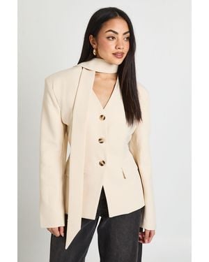 Boohoo Scarf Detail Cinched Blazer - Natural