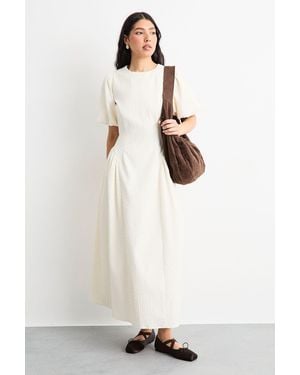 Warehouse Textured Godet Side Puff Sleeve Midi Dress - White