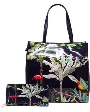 SVNX Glossy Tropical Print Tote Bag & Purse Set - Blue