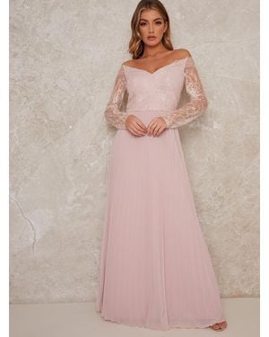 Chi Chi London Curve Lace Bridesmaid Maxi Dress With Long Sleeves - Pink