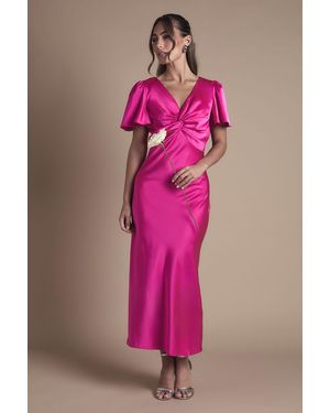 Oasis Satin Twist Front Angel Sleeve Midi Bridesmaid Dress - Pink