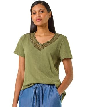 Roman Sequin Trim V-Neck Stretch Top - Green