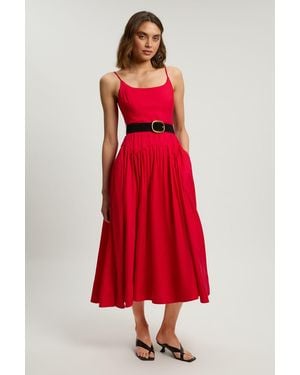 Karen Millen Petite Viscose Linen Belted Drop Waist Woven Midi Dress - Red