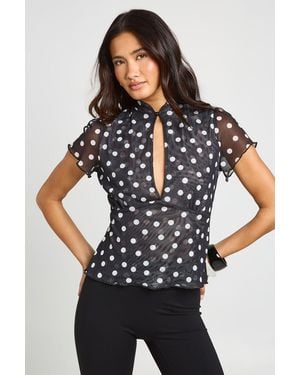 Boohoo Polka Dot Mesh High Neck Keyhole Top - Black