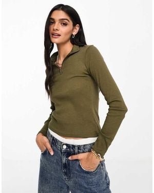 Brave Soul Long Sleeve Quarter Zip Top - Green