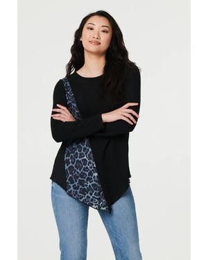 Izabel London Animal Print Asymmetric Long Sleeve Top - Black