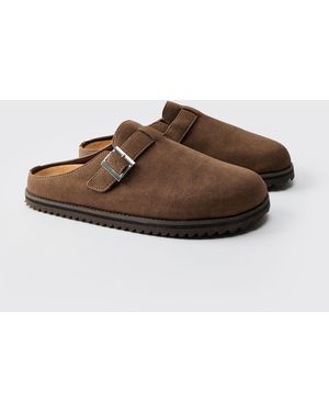 BoohooMAN Skater Sole Buckle Detail Mule - Brown