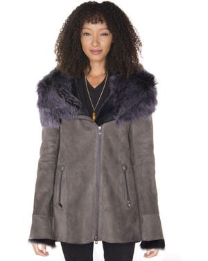 Infinity Leather Suede Hooded Merino Sheepskin Coat-Monrovia - Grey