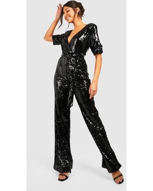 Boohoo Sequin Belted Wide Leg Jumpsuit - Black
