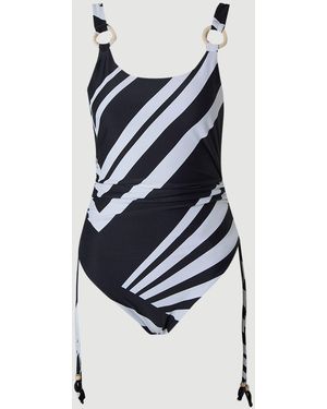 Karen Millen Stripe Print With Bead Detail Low Back Swimsuit - White