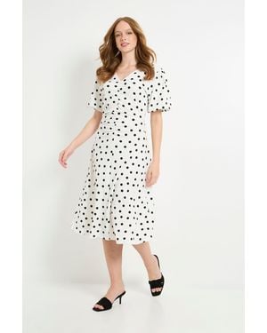Wallis Spot Jersey Ruched Puff Sleeve Midi Dress - Natural