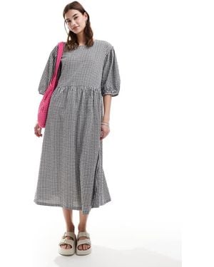 Monki Seersucker Smock Midi Dress - Grey
