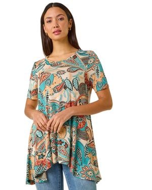 Roman Floral Print Hanky Hem Tunic Top - Blue