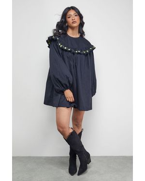 Warehouse Embroidered Cotton Frill Yoke Mini Smock Dress - Blue