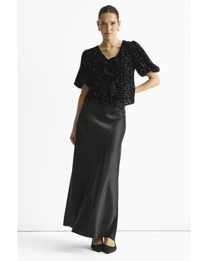 Gini London Velvet Sequin Bow Front Bubble Sleeve Top - Black