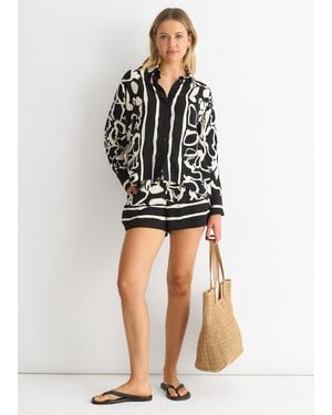 Gini London Mono Border Print Viscose Oversized Shirt - Black