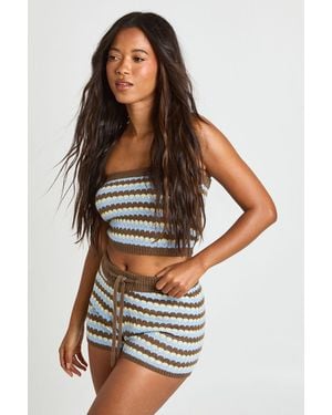 Boohoo Crochet Wave Stripe Bandeau Knitted Top And Mini Short Co-Ord - Brown