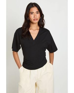 Boohoo V Neck Cinched Waist T-Shirt - Black