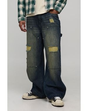 BoohooMAN Wide Leg Washed Ripped Carpenter Rigid Denim Jeans - Blue