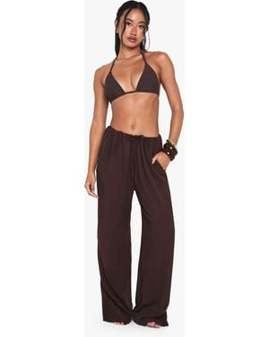 Boohoo Cheesecloth Wide Leg Beach Trousers - Brown