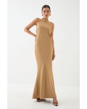 MissPap High Neck Satin Cowl Back Bridesmaid Dress - Natural