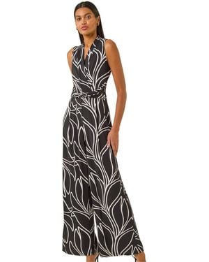 Roman Abstract Leaf Print Crossover Jumpsuit - Black