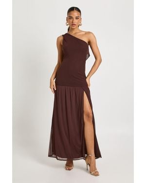 Boohoo One Shoulder Cowl Back Drop Waist Maxi Dress - Brown