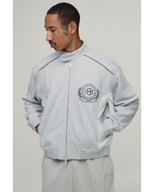 BoohooMAN Boxy Fit Biker Neck Colour Block Moto Jersey Jacket - Grey