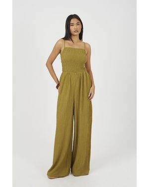 Brave Soul Textured Jersey Strappy Wide Leg Jumpsuit - Green
