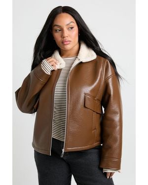 Boohoo Plus Leather Aviator Jacket - Brown