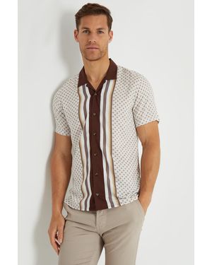 Threadbare 'Hallfield' Stripe Geo Print Revere Collar Short Sleeve Shirt - Brown