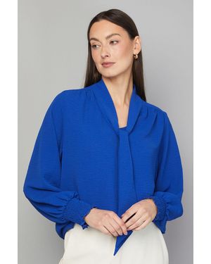 Wallis Tie Neck Shirred Cuff Top - Blue