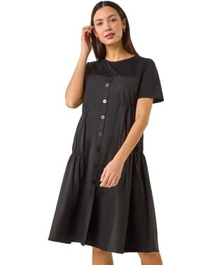 Roman Gathered Cotton Stretch Smock Dress - Black