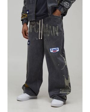 BoohooMAN Studded Badge Detail Extended Drawcord Baggy Fit Jeans - Black
